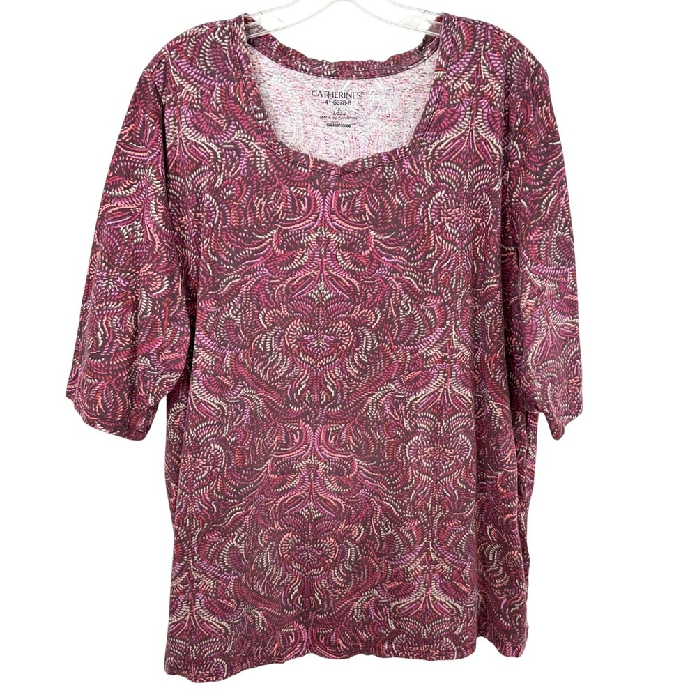 Catherines 18/20W Top 1X Red Pink Cotton Elbow Sleeve Casual Office Knit 1677